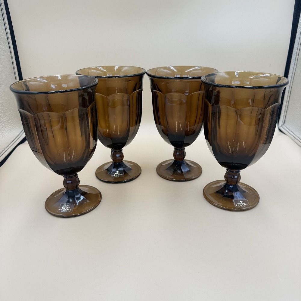 Vintage Viking Amber Brown 7" Pedestal Goblets Set 4 MCM Retro Hand Made USA